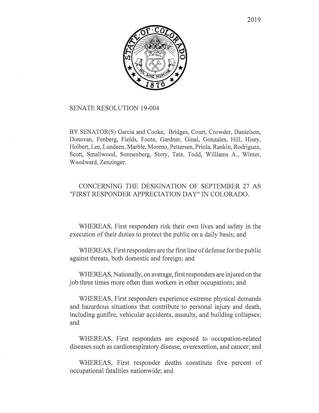 2019 Senate Resolution 19-004 Concerning the Designation