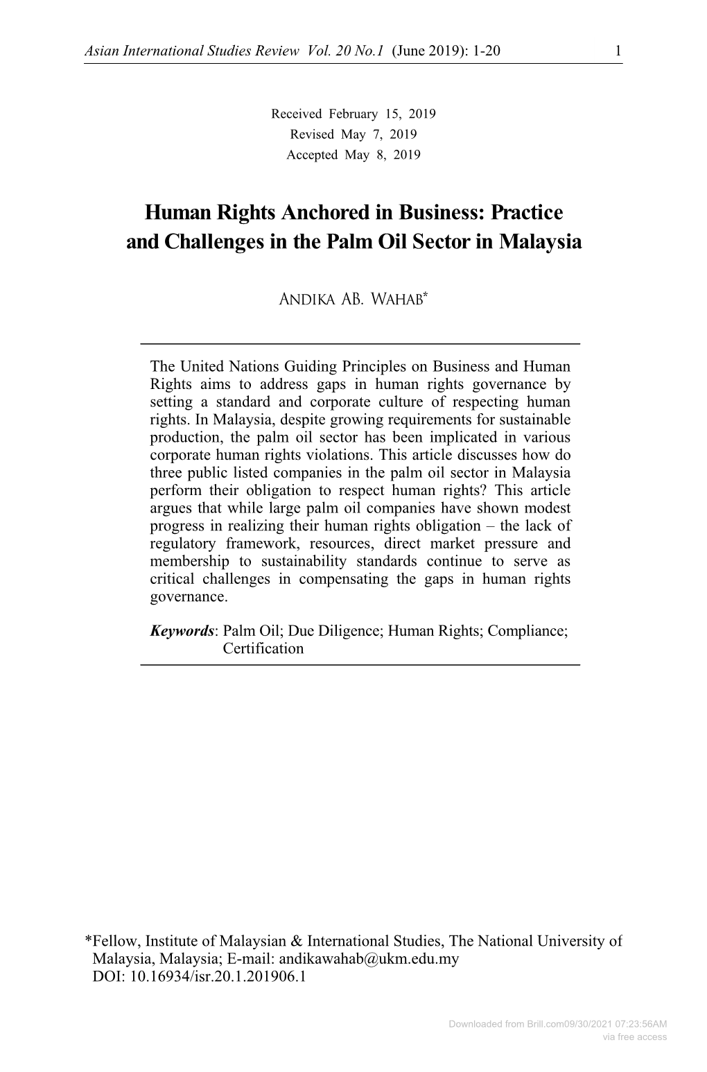 Downloaded from Brill.Com09/30/2021 07:23:56AM Via Free Access 2 Human Rights Anchored in Business: Practice and Challenges in the Palm Oil Sector in Malaysia