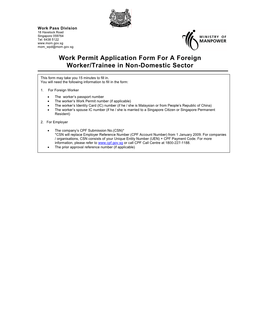 Work Permit Application Form for a Foreign Worker/Trainee in Non-Domestic Sector
