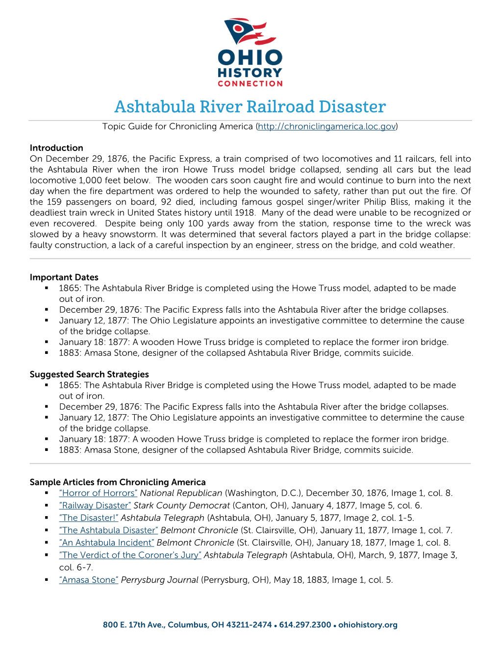 Ashtabula River Railroad Disaster Topic Guide for Chronicling America (