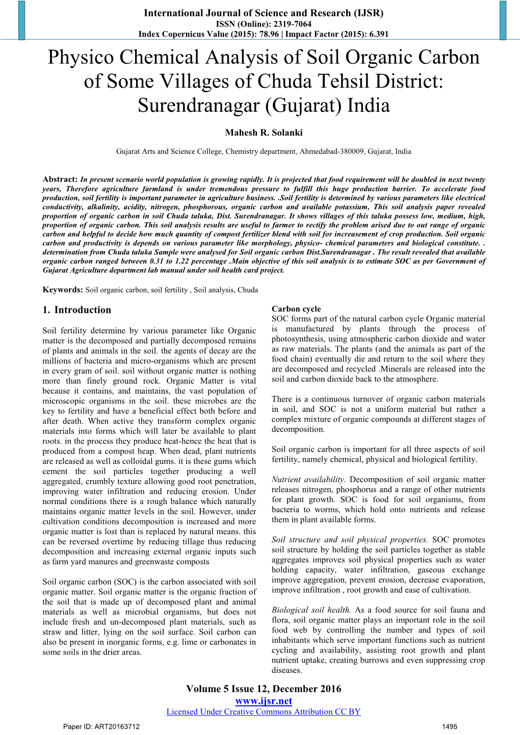 Physico Chemical Analysis of Soil Organic Carbon of Some Villages of Chuda Tehsil District: Surendranagar (Gujarat) India