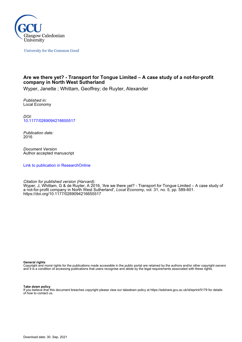 Transport for Tongue Limited – a Case Study of a Not-For-Profit Company in North West Sutherland Wyper, Janette ; Whittam, Geoffrey; De Ruyter, Alexander