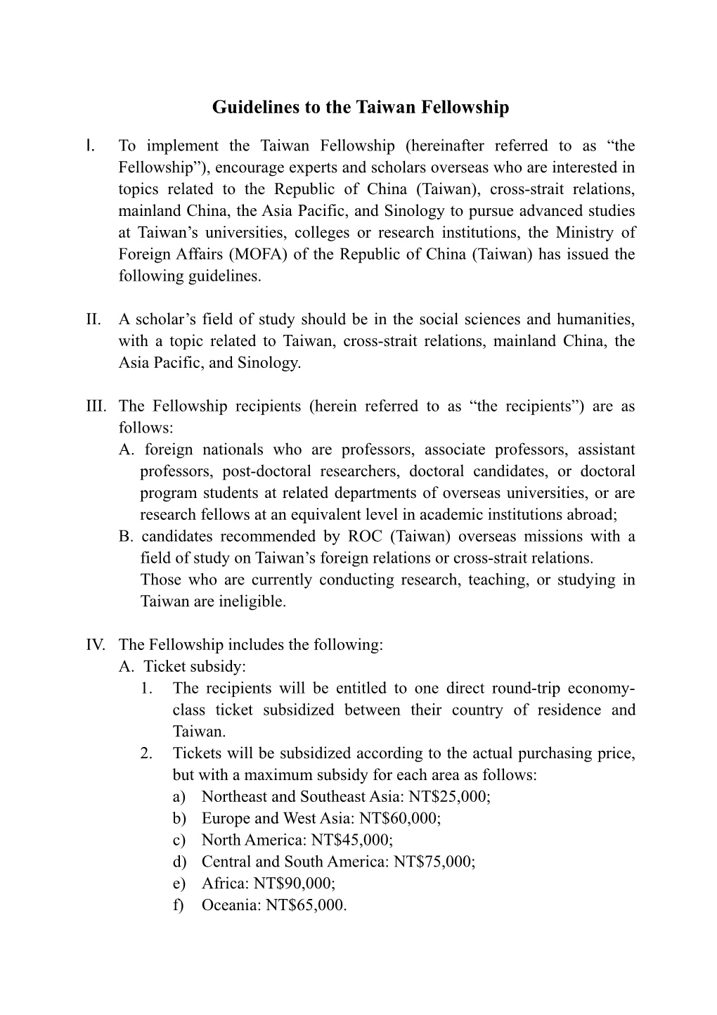 Guidelines to the Taiwan Fellowship