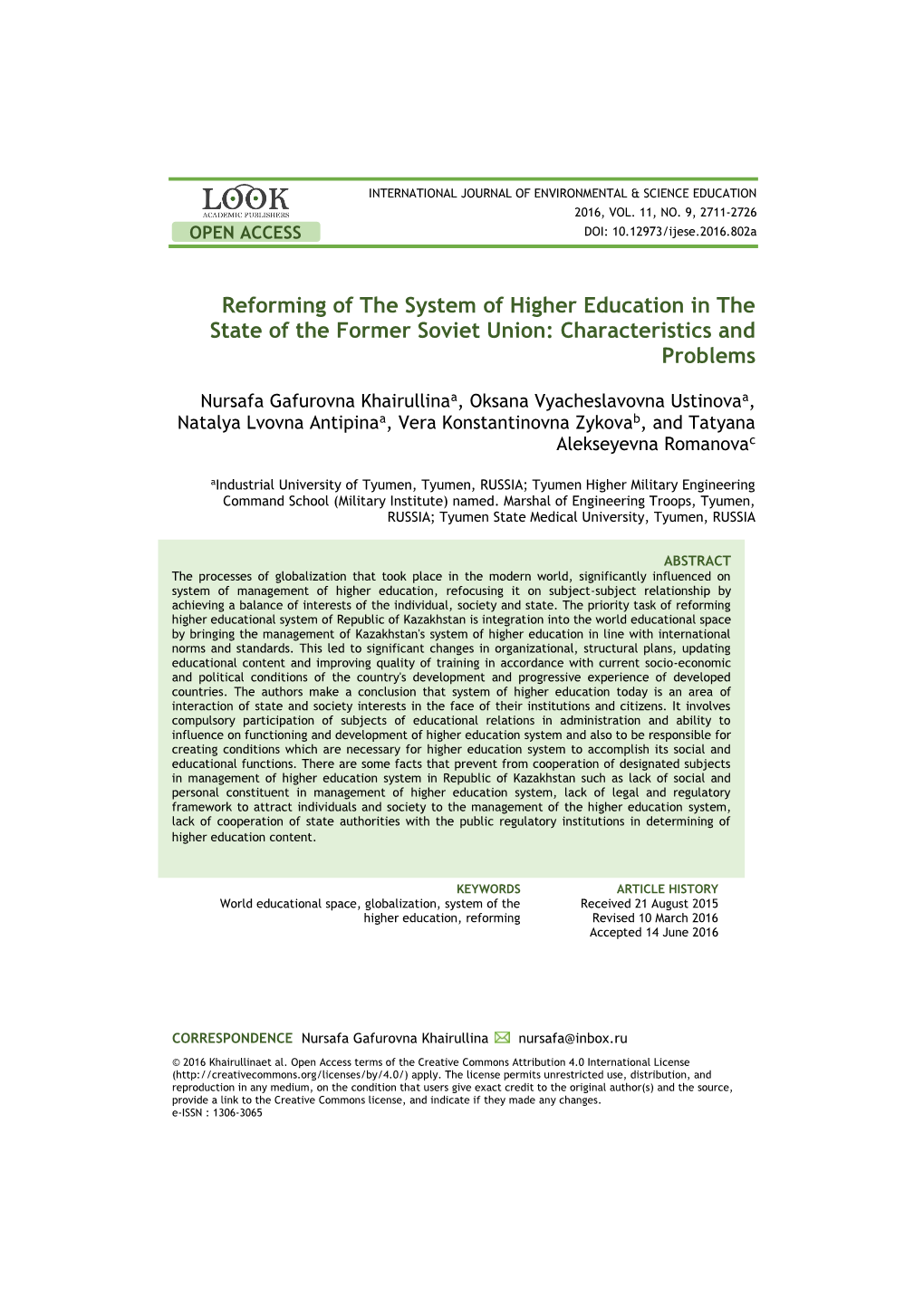 Reforming of the System of Higher Education in the State of the Former Soviet Union: Characteristics and Problems