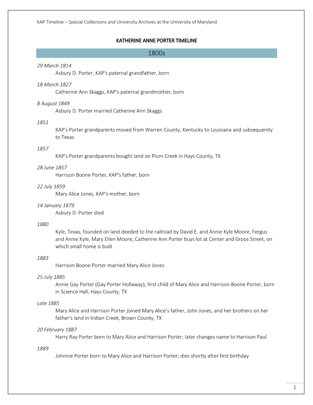 Detailed Timeline of Katherine Anne Porter