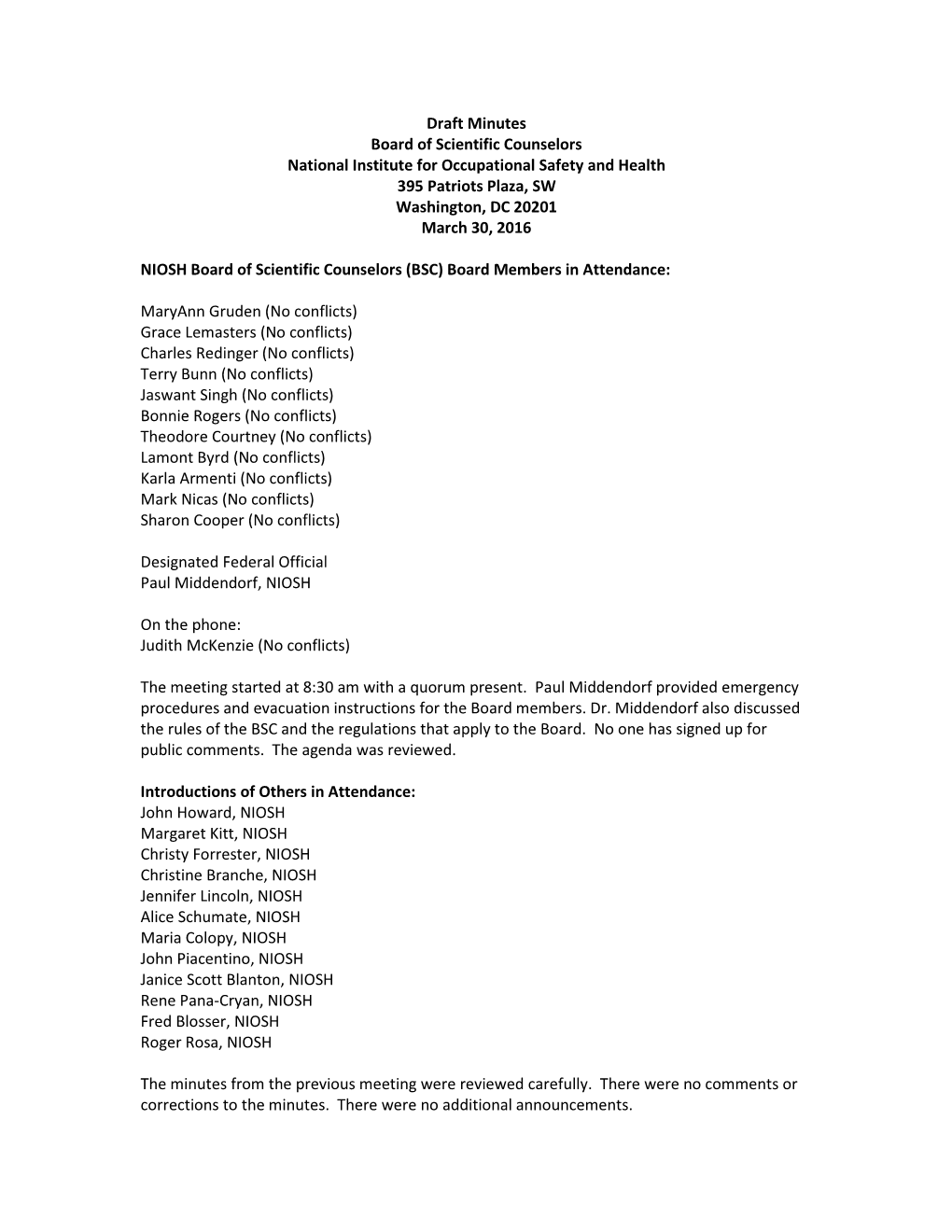 NIOSH Board of Scientific Counselors, Draft Minutes, March 30, 2016