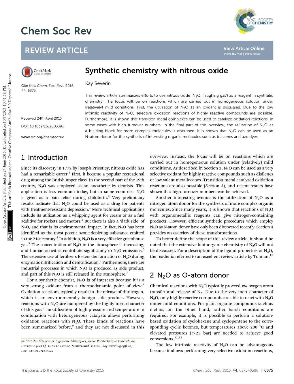 Synthetic Chemistry with Nitrous Oxide