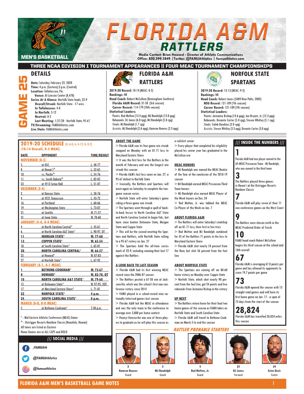 GAME 25 Live Stats: Famuathletics.Com Assists: MJ Randolph (2.6 Apg); Kamron Reaves (2.3 Apg) Assists: Steven Whitley (3.3 Apg); Devante Carter (3.0 Apg)