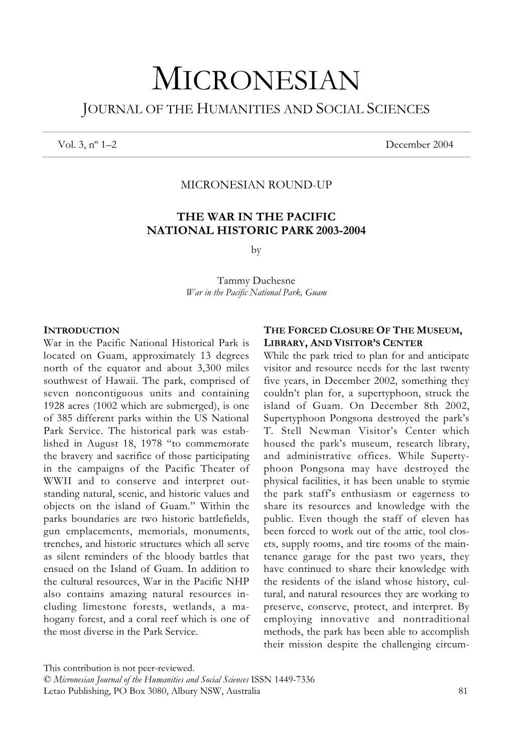 WAR in the PACIFIC NATIONAL HISTORIC PARK 2003-2004 By