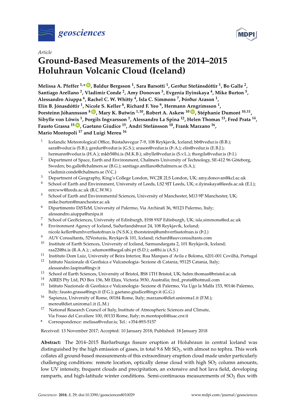 Ground-Based Measurements of the 2014–2015 Holuhraun Volcanic Cloud (Iceland)