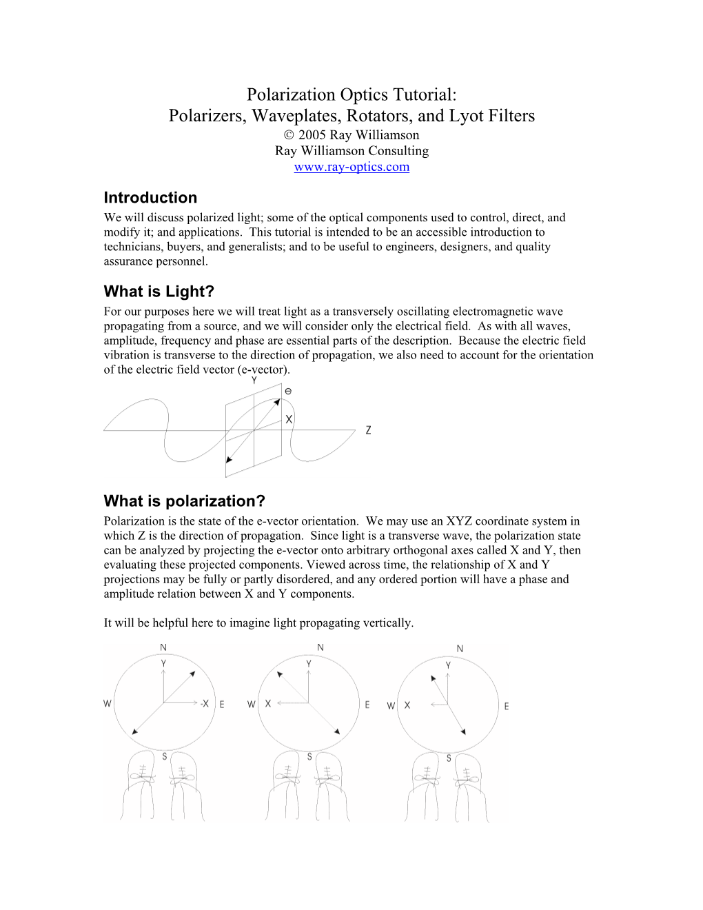 Polarization Optics Tutorial: Polarizers, Waveplates, Rotators, and Lyot Filters  2005 Ray Williamson Ray Williamson Consulting
