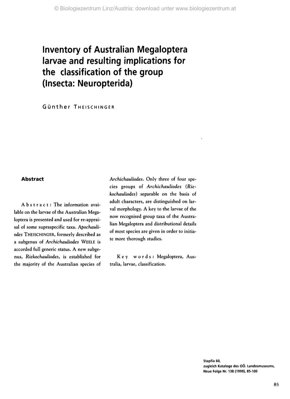 Inventory of Australian Megaloptera Larvae and Resulting Implications for the Classification of the Group (Insecta: Neuropterida)