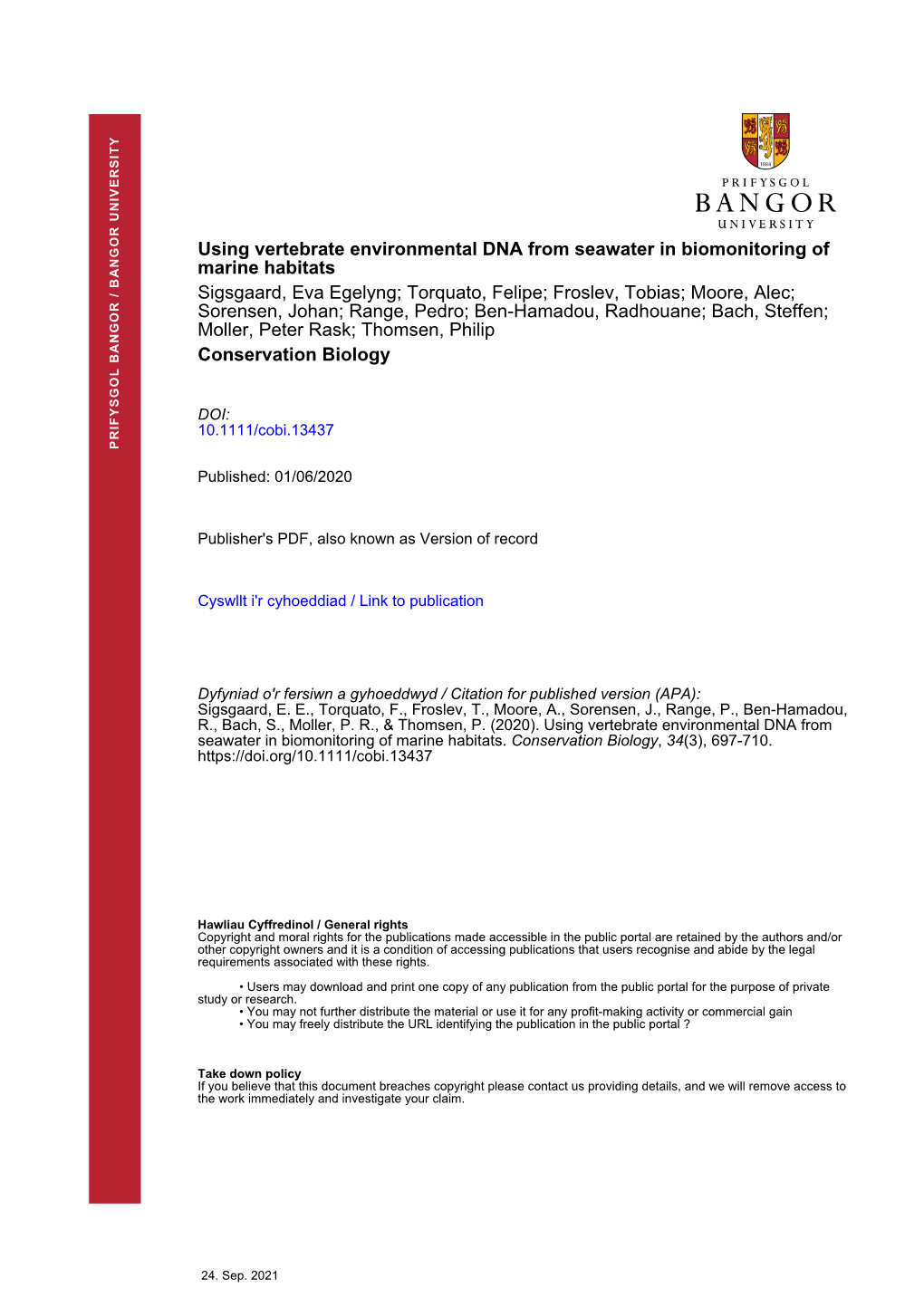 Using Vertebrate Environmental DNA from Seawater in Biomonitoring Of