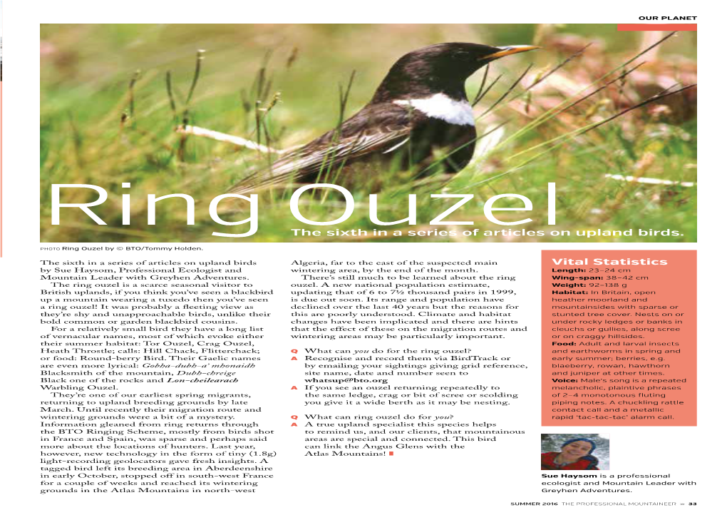 Ring Ouzel the Sixth in a Series of Articles on Upland Birds