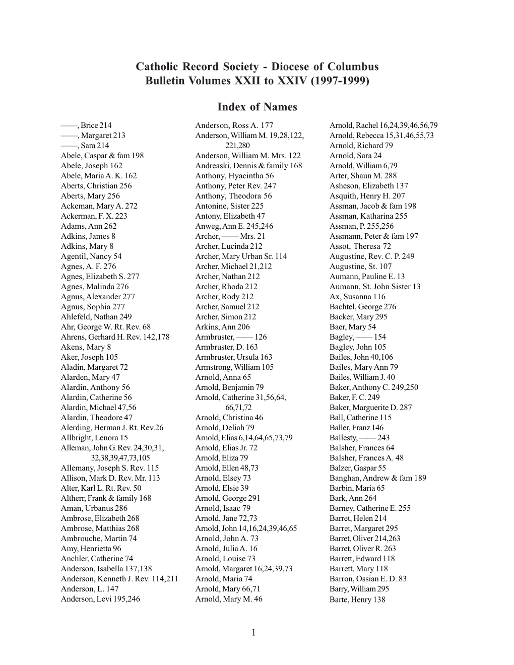 Catholic Record Society - Diocese of Columbus Bulletin Volumes XXII to XXIV (1997-1999)