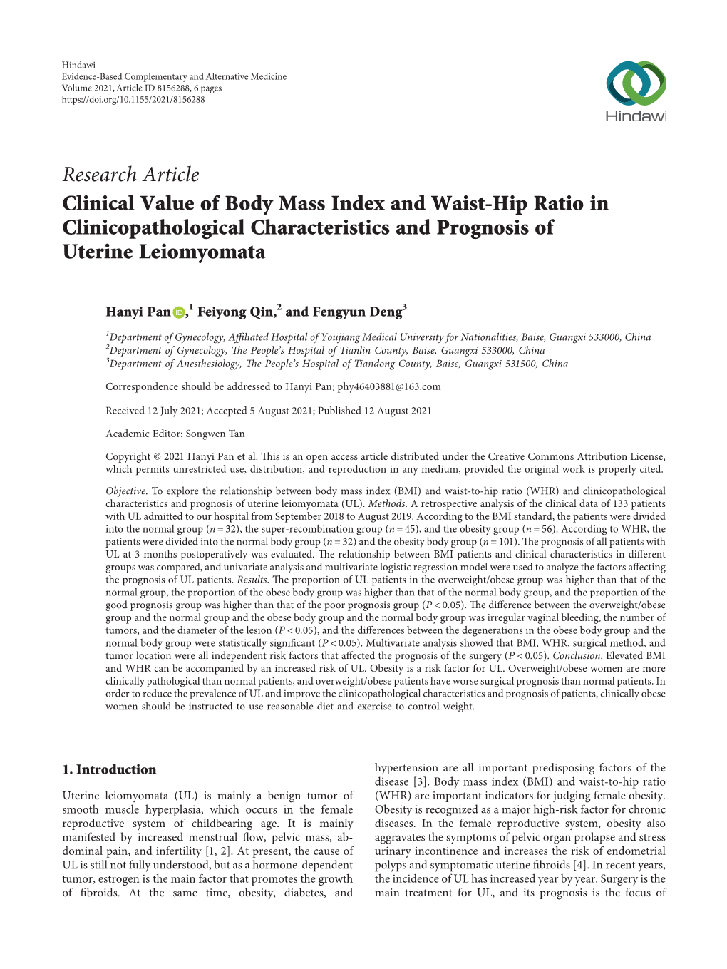 Clinical Value of Body Mass Index and Waist-Hip Ratio in Clinicopathological Characteristics and Prognosis of Uterine Leiomyomata