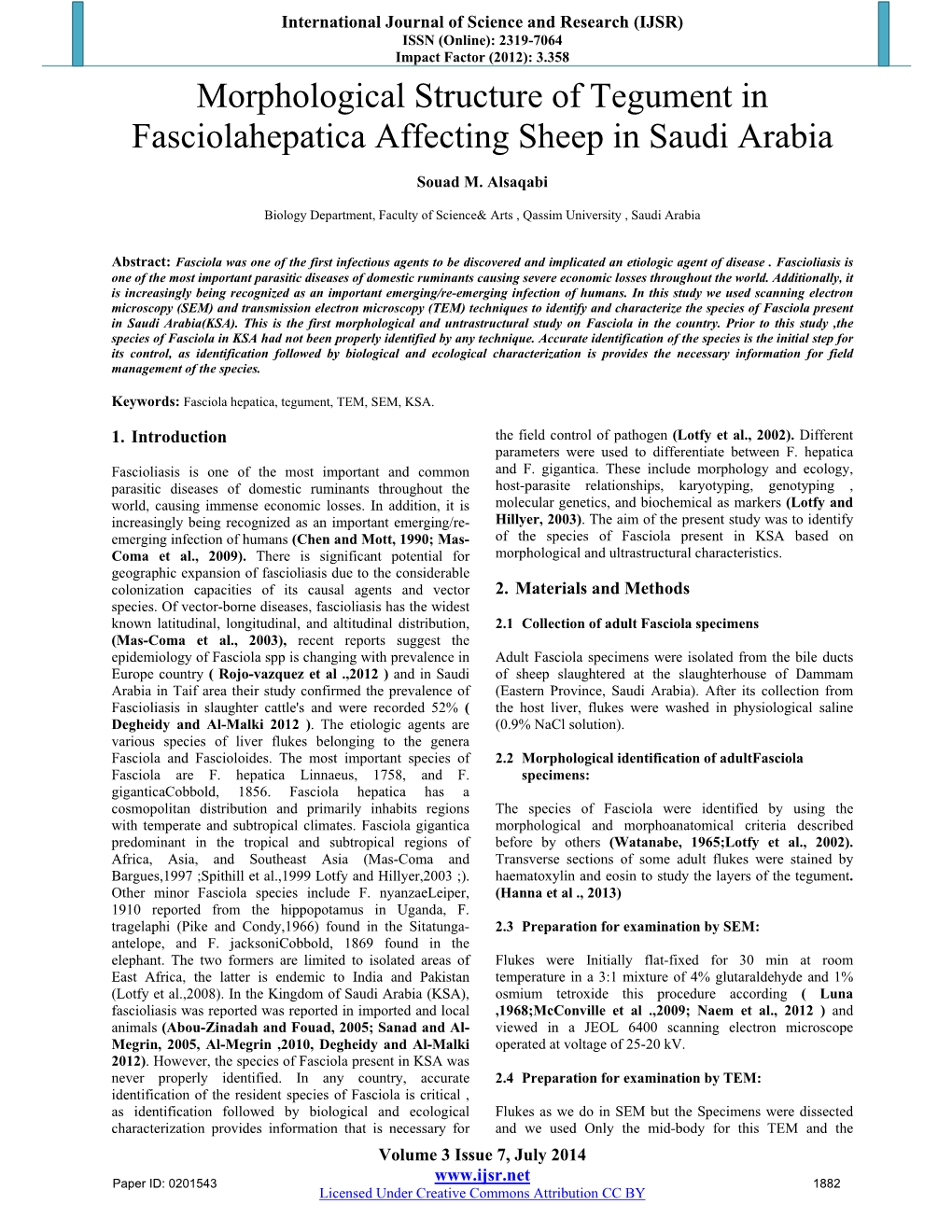 Morphological Structure of Tegument in Fasciolahepatica Affecting Sheep in Saudi Arabia