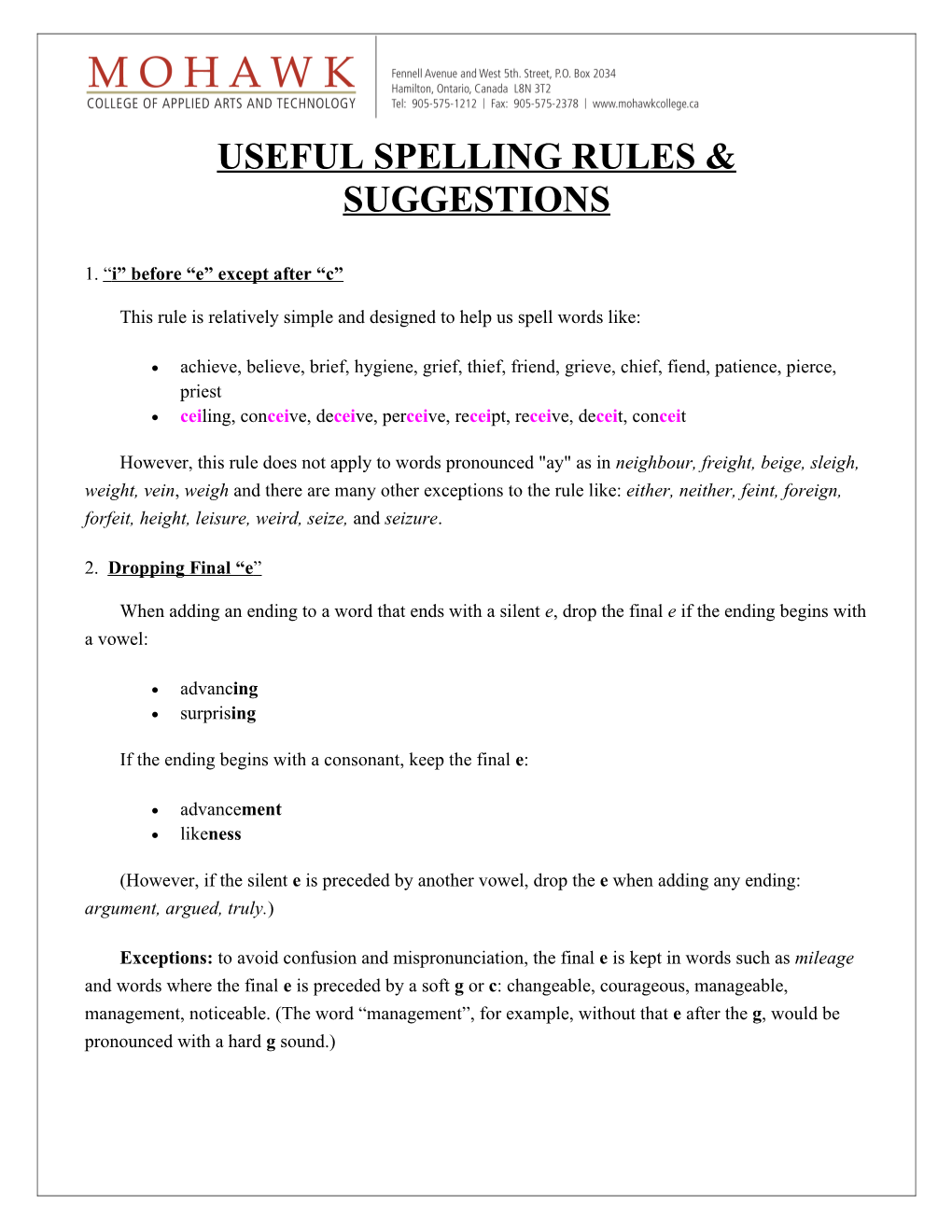 Useful Spelling Rules & Suggestions