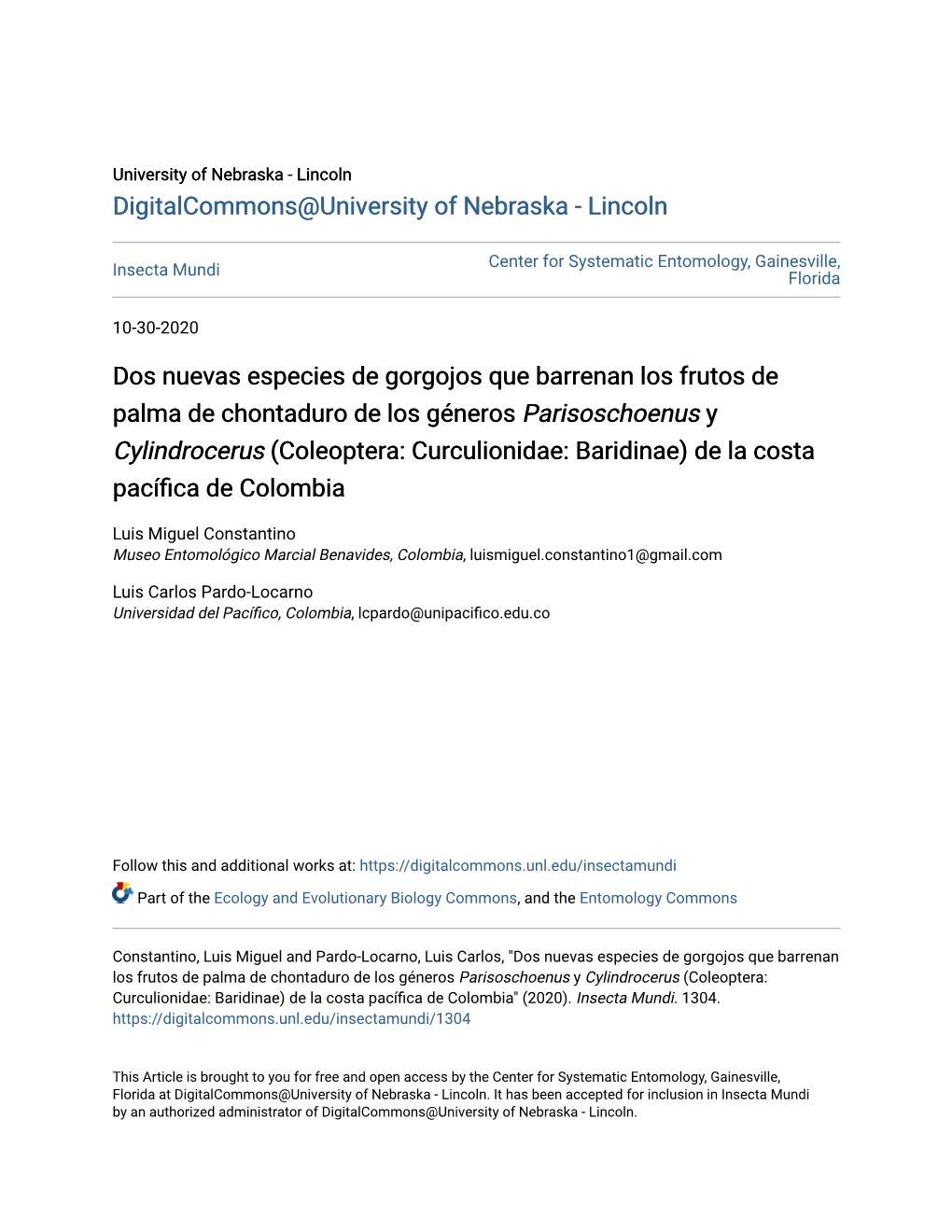 Dos Nuevas Especies De Gorgojos Que Barrenan Los Frutos De Palma De Chontaduro De Los Géneros