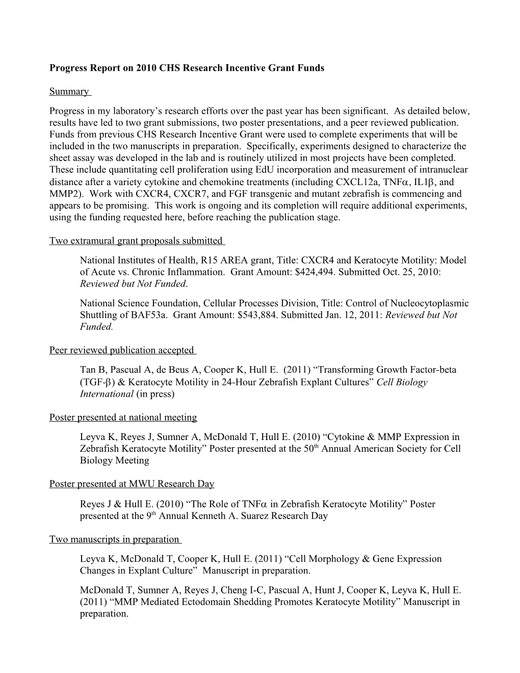 Progress Report on 2010 CHS Research Incentive Grant Funds