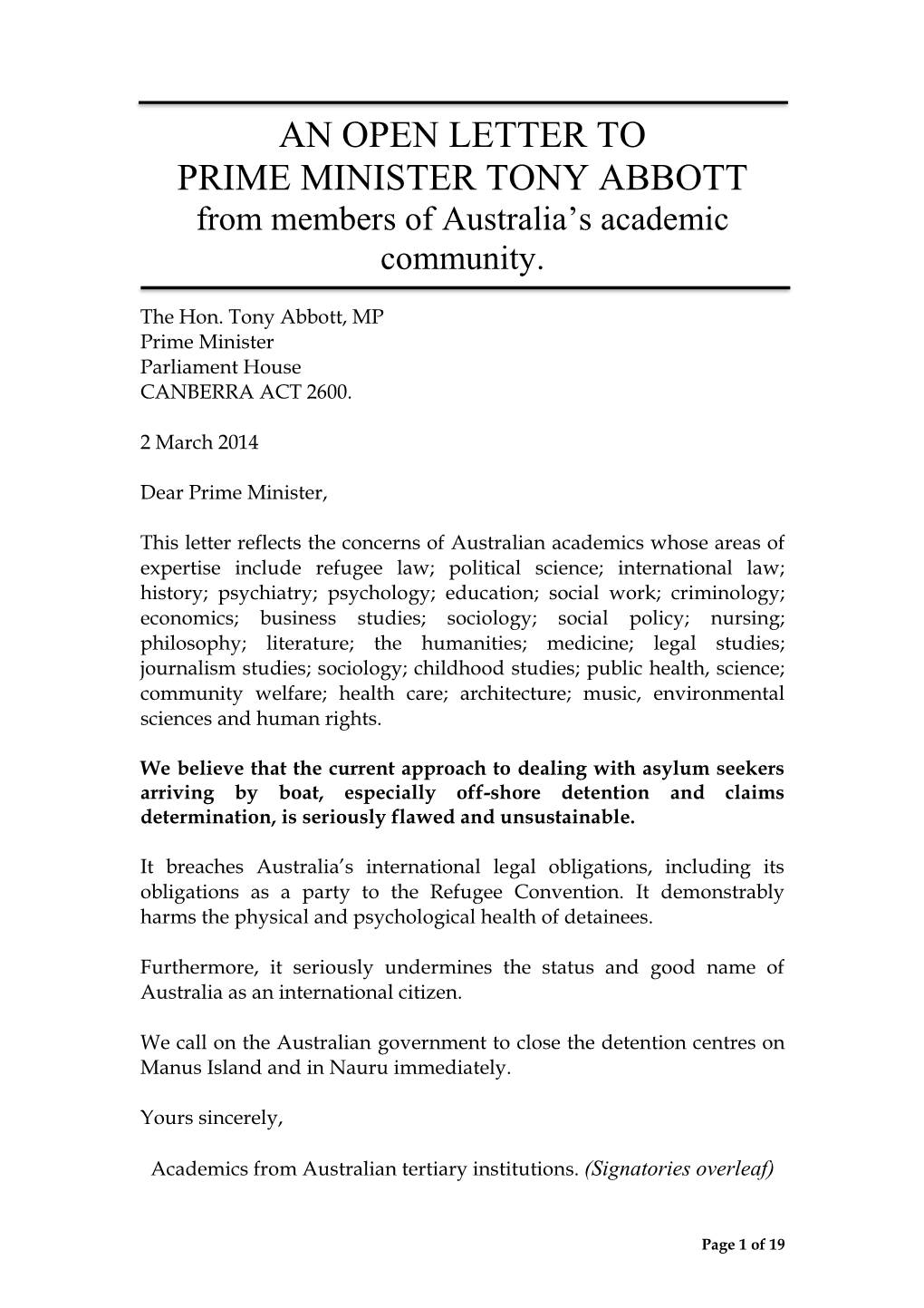 AN OPEN LETTER to PRIME MINISTER TONY ABBOTT from Members of Australia’S Academic Community