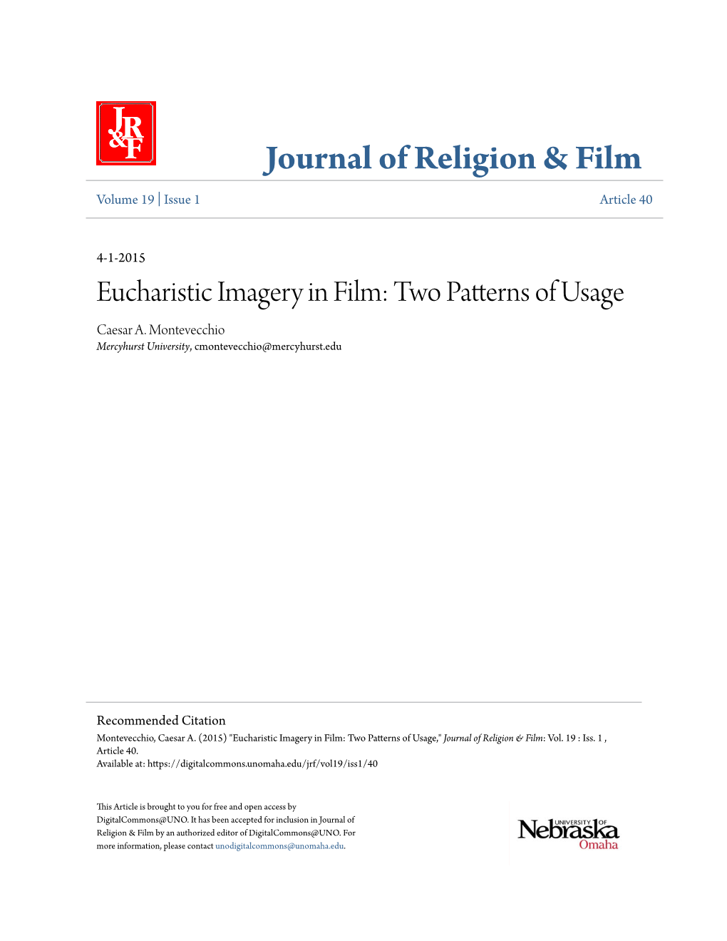 Eucharistic Imagery in Film: Two Patterns of Usage Caesar A