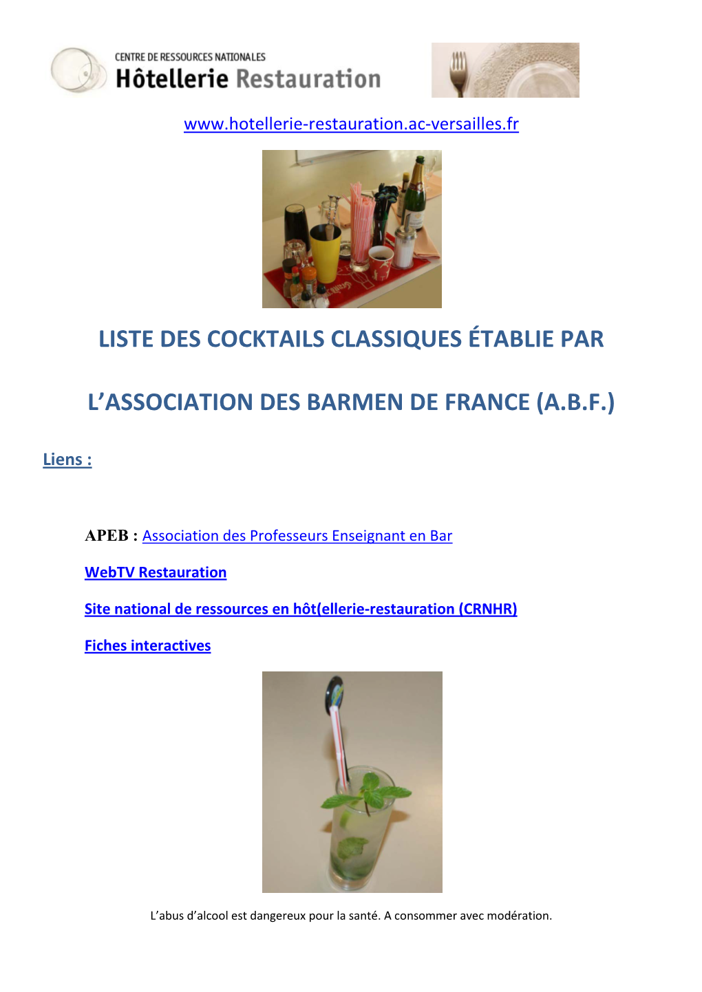 Liste Des Cocktails Classiques Établie Par L'association Des Barmen De France (A.B.F.)