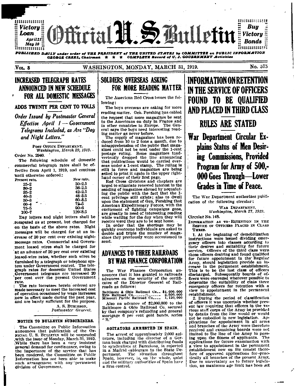 Official U. S. Bulletin: Monday, March 31, 1919