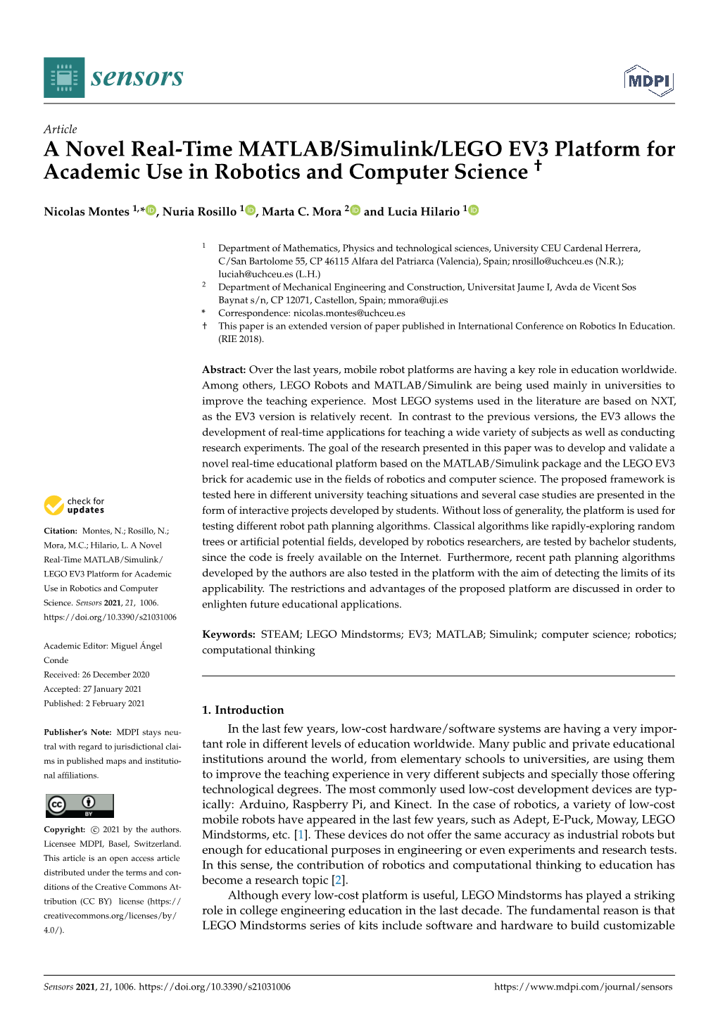 A Novel Real-Time MATLAB/Simulink/LEGO EV3 Platform for Academic Use in Robotics and Computer Science †