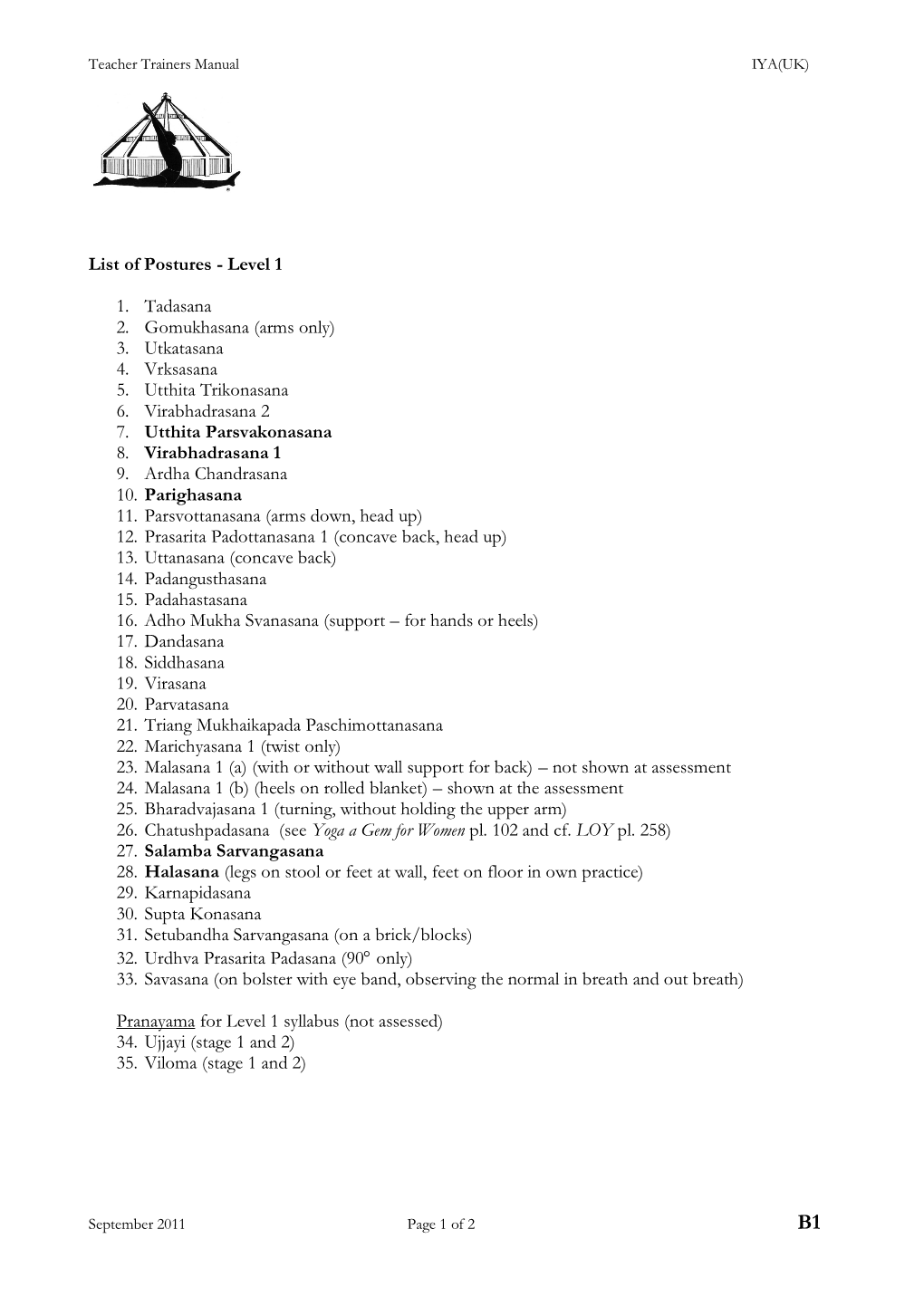 List of Postures - Level 1