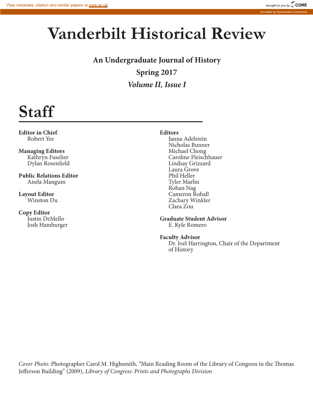 Staff Vanderbilt Historical Review