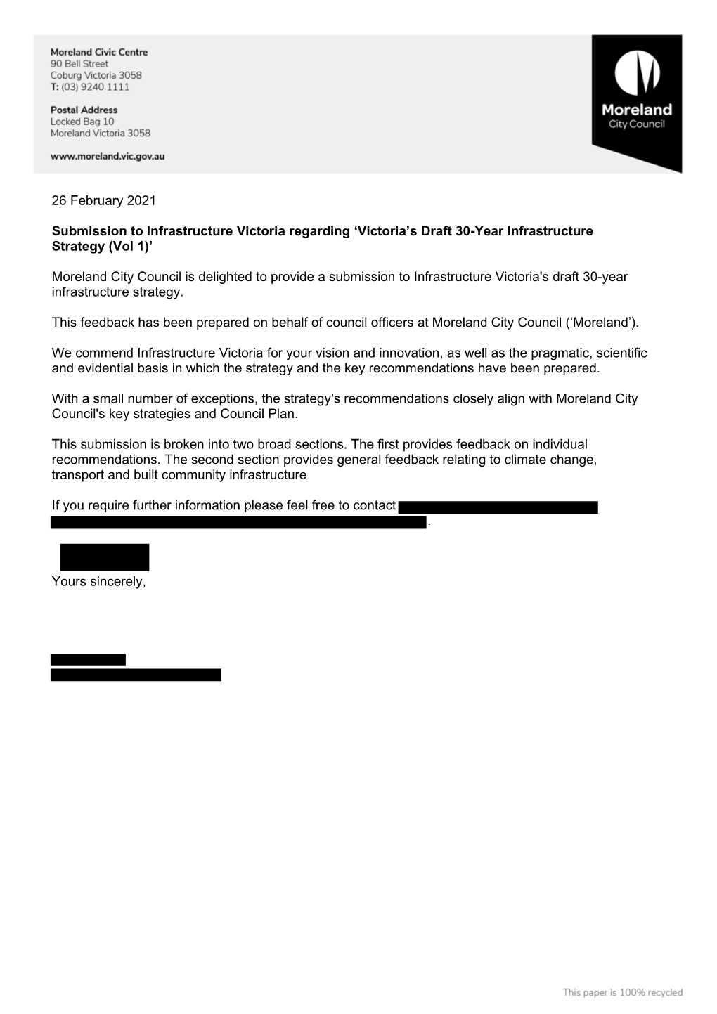 26 February 2021 Submission to Infrastructure Victoria Regarding