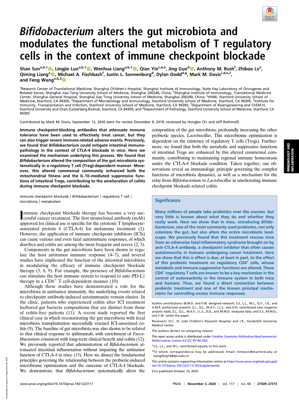 Bifidobacterium Alters the Gut Microbiota and Modulates the Functional Metabolism of T Regulatory Cells in the Context of Immune Checkpoint Blockade