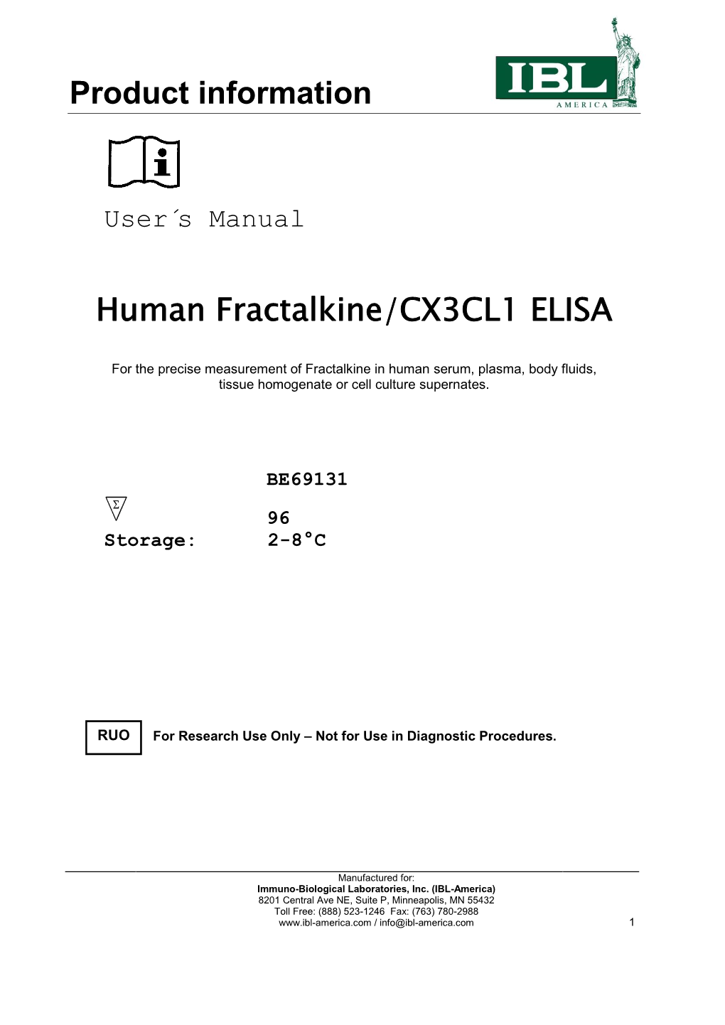 Product Information Human Fractalkine/CX3CL1 ELISA
