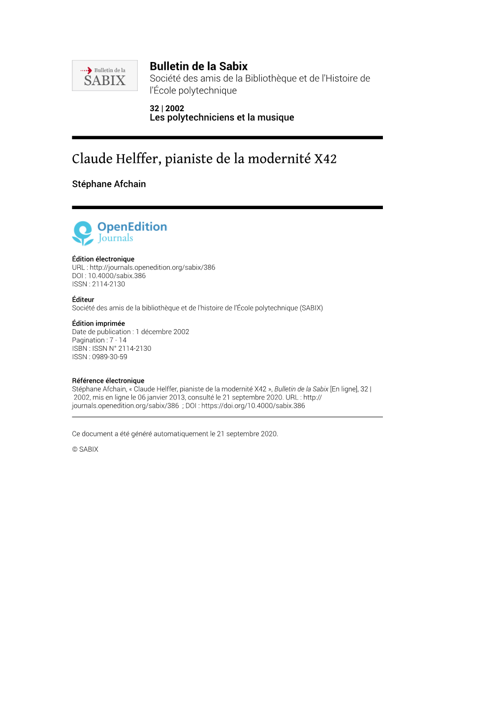 Bulletin De La Sabix, 32 | 2002 Claude Helffer, Pianiste De La Modernité X42 2