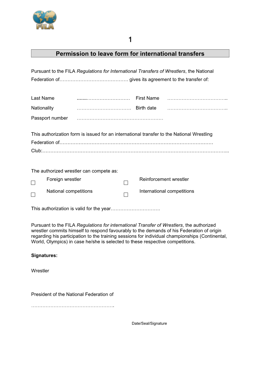 Permission to Leave Form for International Transfers