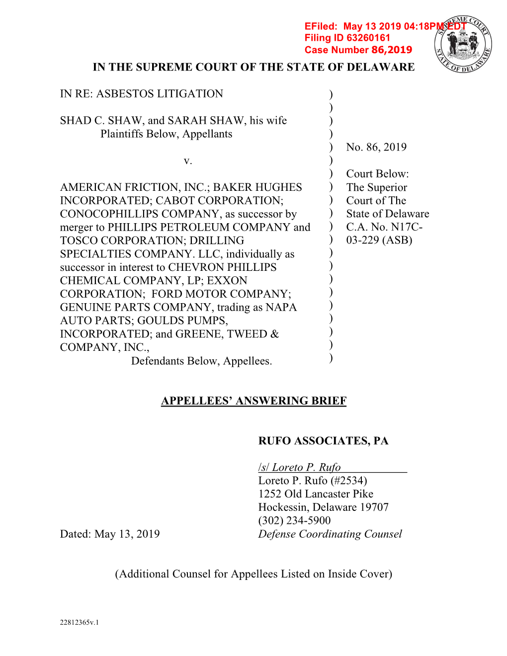 ASBESTOS LITIGATION SHAD C. SHAW, and SARAH SHAW, His Wife