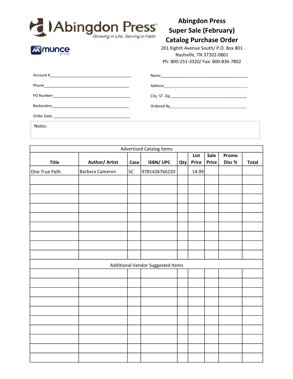 Abingdon Press Super Sale (February) Catalog Purchase Order 201 Eighth Avenue South/ P.O