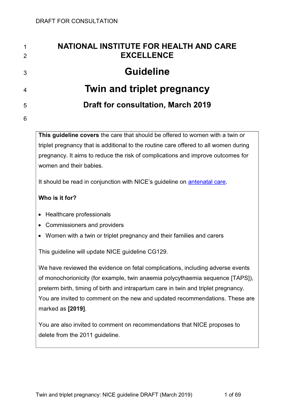 (NICE) Guidelines for Twin and Triplet Pregnancy