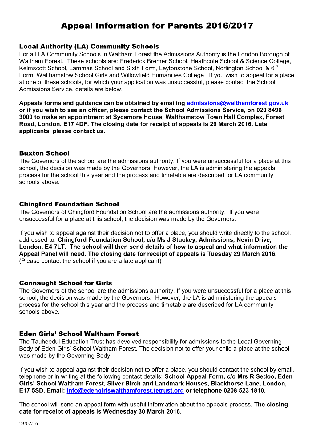 Admission Authorities in Waltham Forest