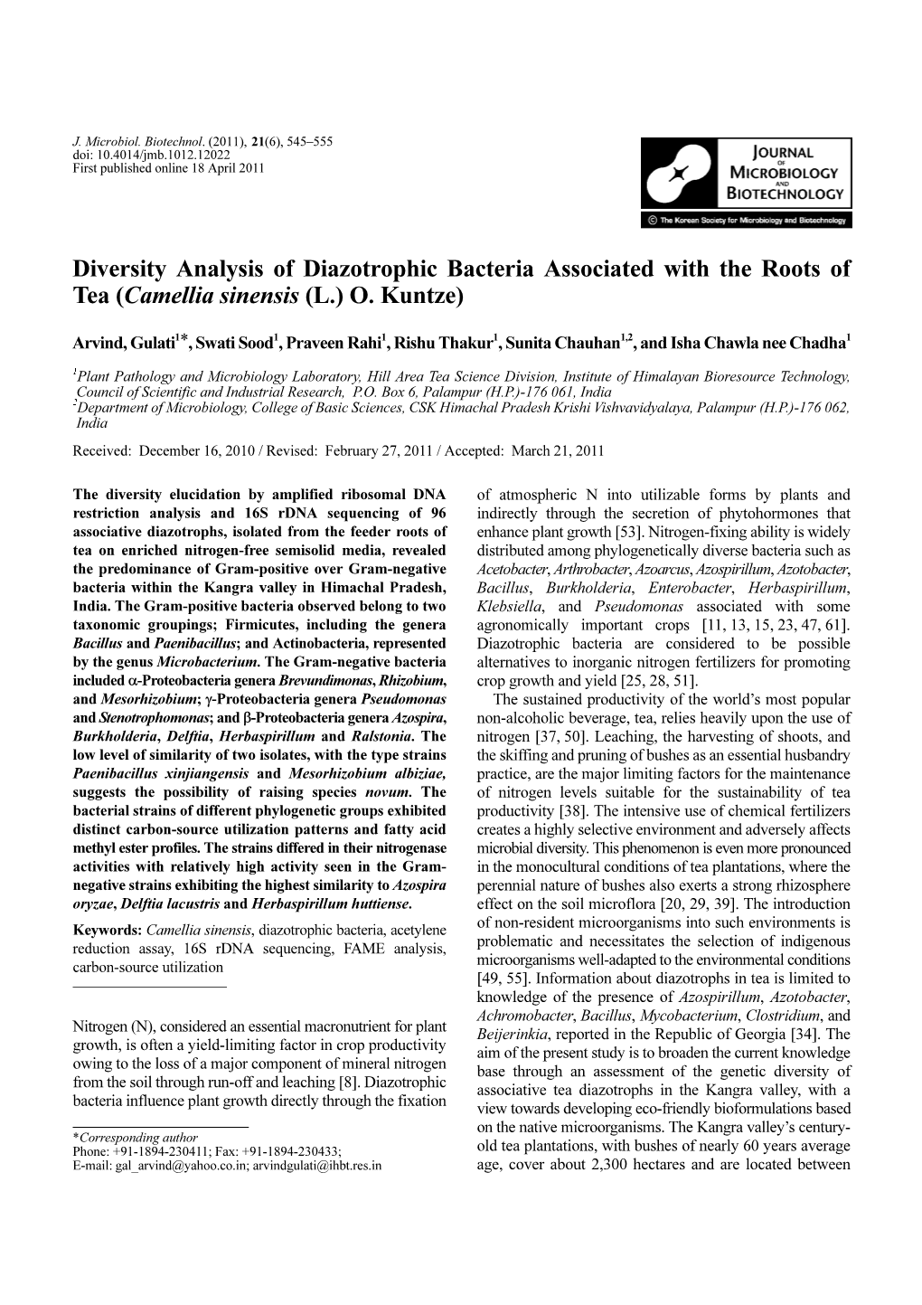 Diversity Analysis of Diazotrophic Bacteria Associated with the Roots of Tea (Camellia Sinensis (L.) O