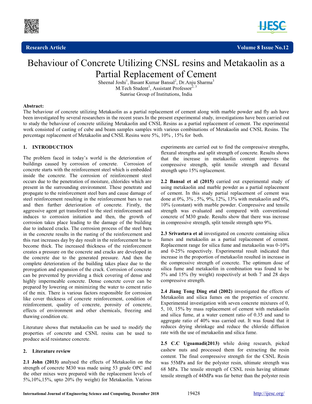 Behaviour of Concrete Utilizing CNSL Resins and Metakaolin As a Partial