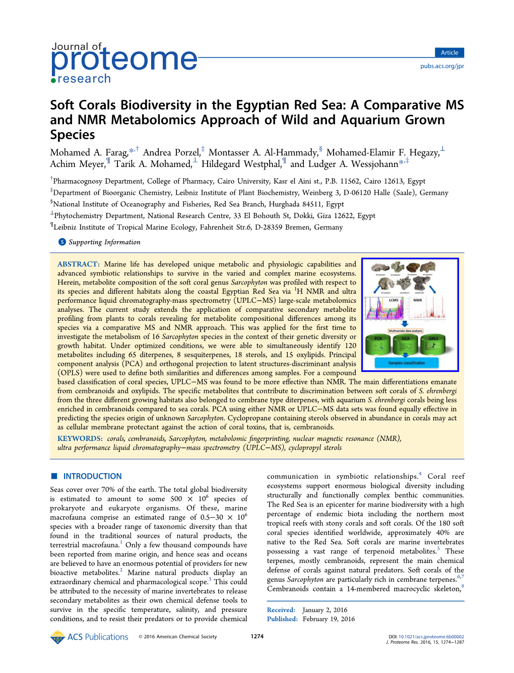 Soft Corals Biodiversity in the Egyptian Red Sea: a Comparative MS and NMR Metabolomics Approach of Wild and Aquarium Grown Species † ‡ § ⊥ Mohamed A