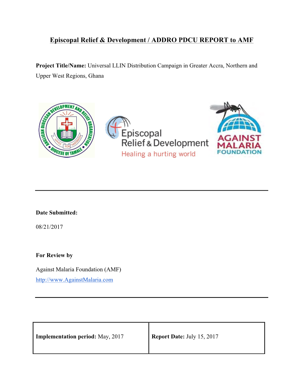 Episcopal Relief & Development / ADDRO PDCU REPORT To