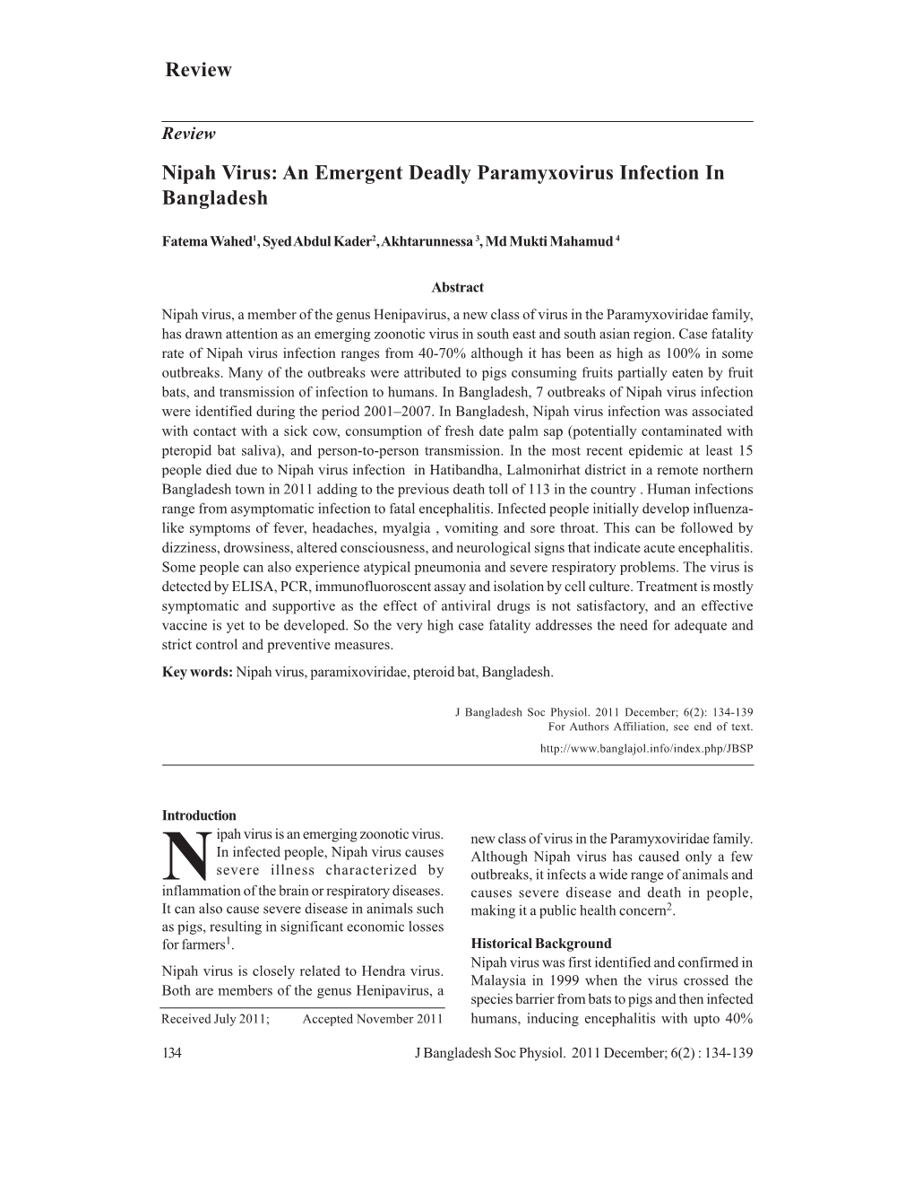 Review Nipah Virus: an Emergent Deadly Paramyxovirus Infection in Bangladesh