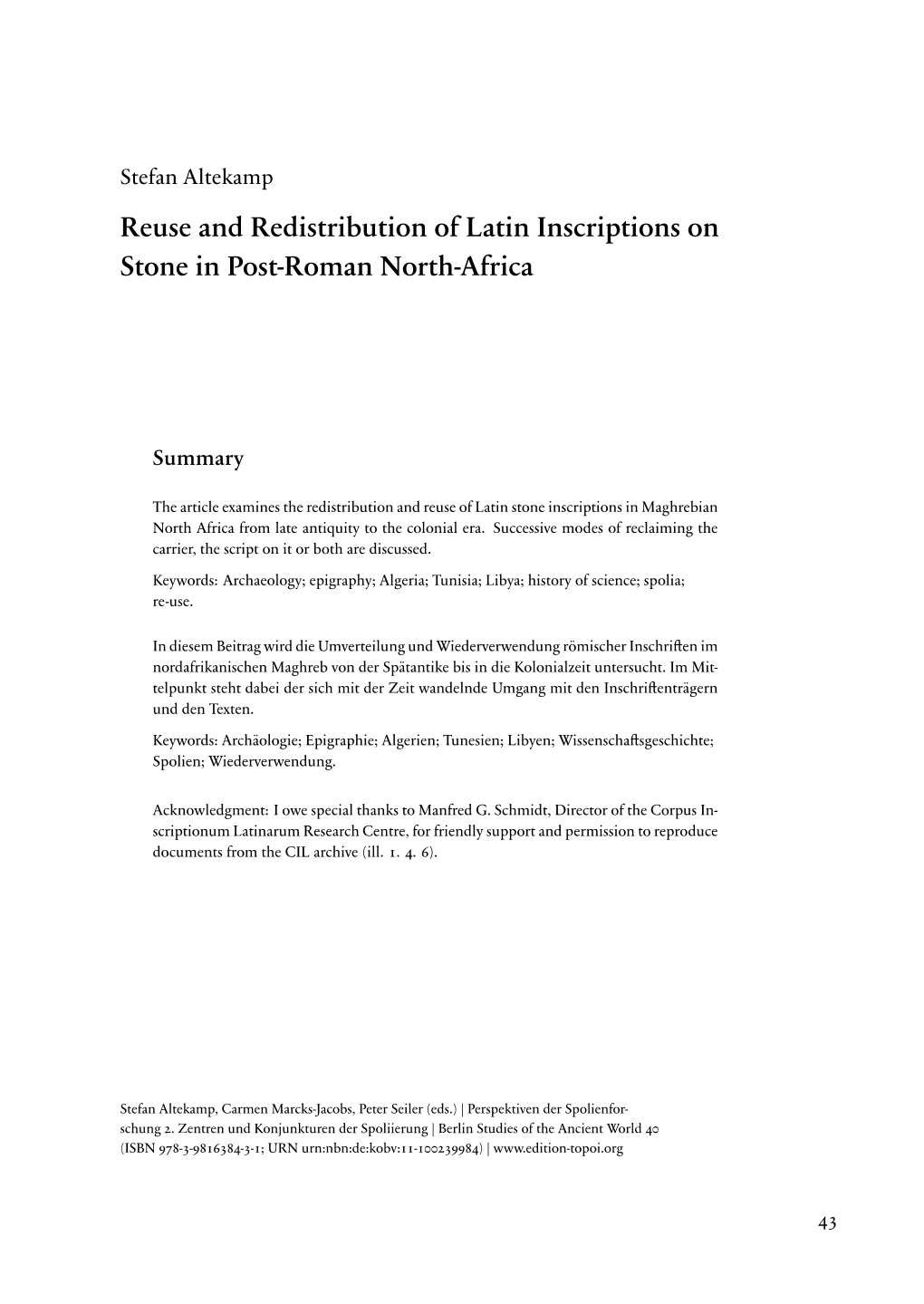 Reuse and Redistribution of Latin Inscriptions on Stone in Post-Roman North-Africa