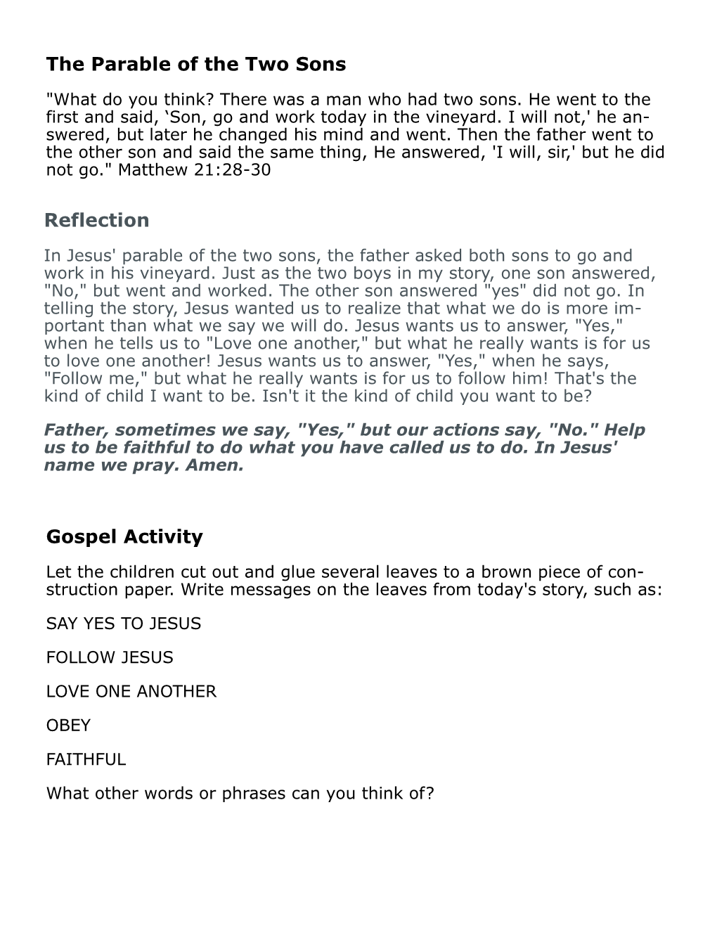 Gospel Activity the Parable of the Two Sons Reflection