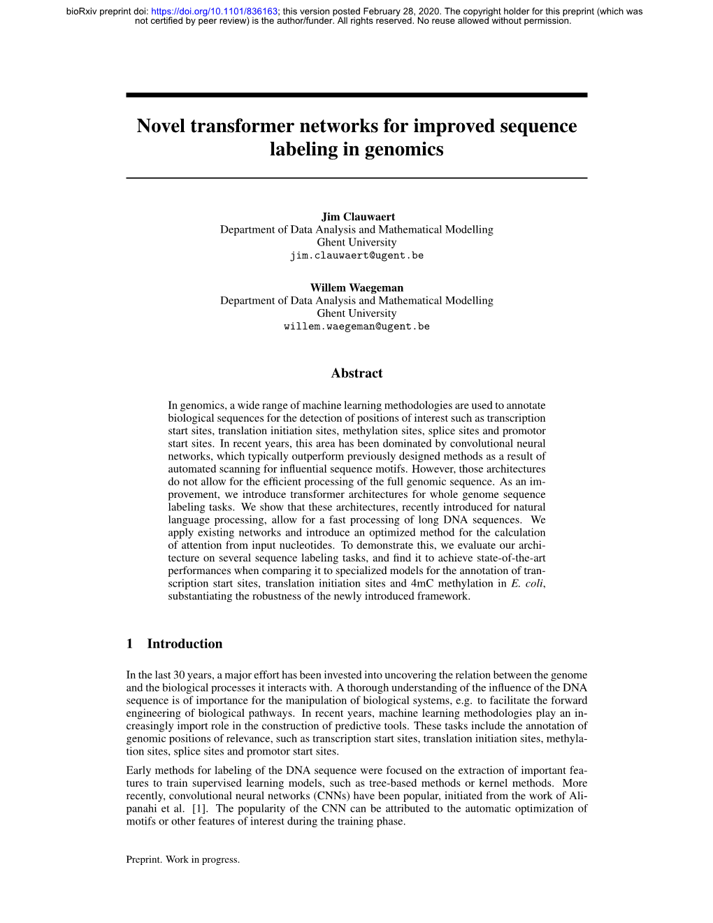 Novel Transformer Networks for Improved Sequence Labeling in Genomics