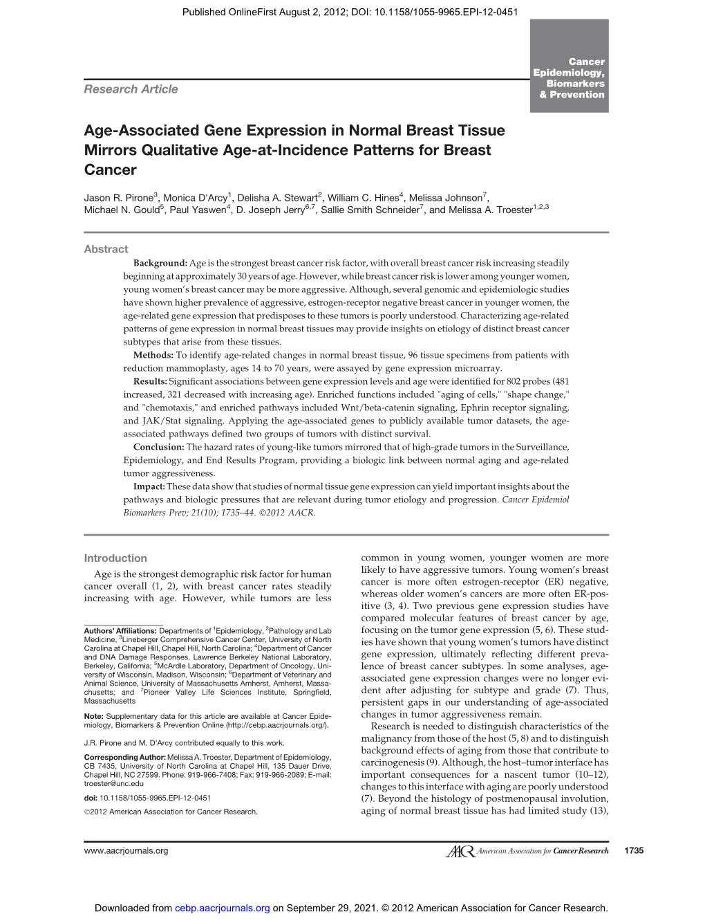 Age-Associated Gene Expression in Normal Breast Tissue Mirrors Qualitative Age-At-Incidence Patterns for Breast Cancer