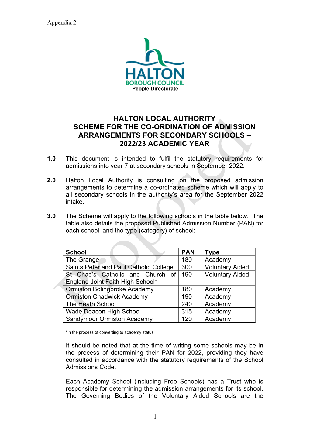 Halton Local Authority Scheme for the Co-Ordination of Admission Arrangements for Secondary Schools – 2022/23 Academic Year